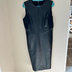 SPANX Black Sheath Midi Dress Faux Leather Crew Neck Sleeveless